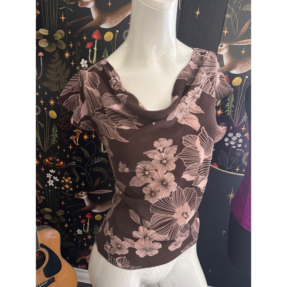 Apt. 9 Womens XL Brown Pink Floral 100% Silk Cowl Neck Short Sleeve Blouse Top